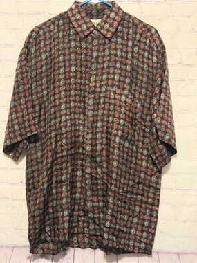 Vintage Utopia 100% Silk Geometric Button Up Shirt Medium Men's Short Sleeve